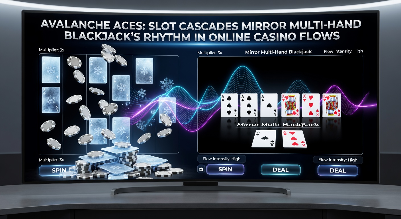 Split-screen visualization of avalanche slot cascades bursting with ace symbols next to a multi-hand blackjack layout showing simultaneous wins and dealer interactions