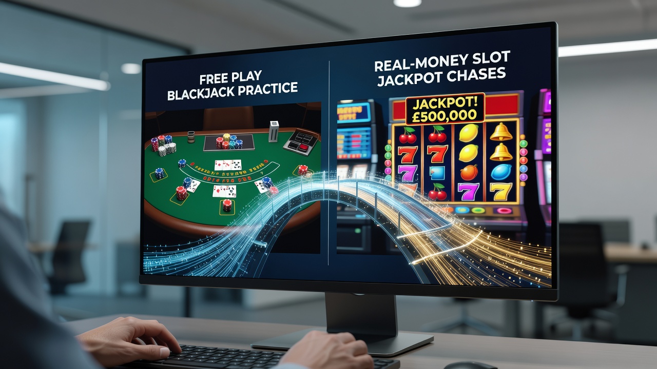 Mobile view of a UK player switching between blackjack practice mode and a progressive slot jackpot screen