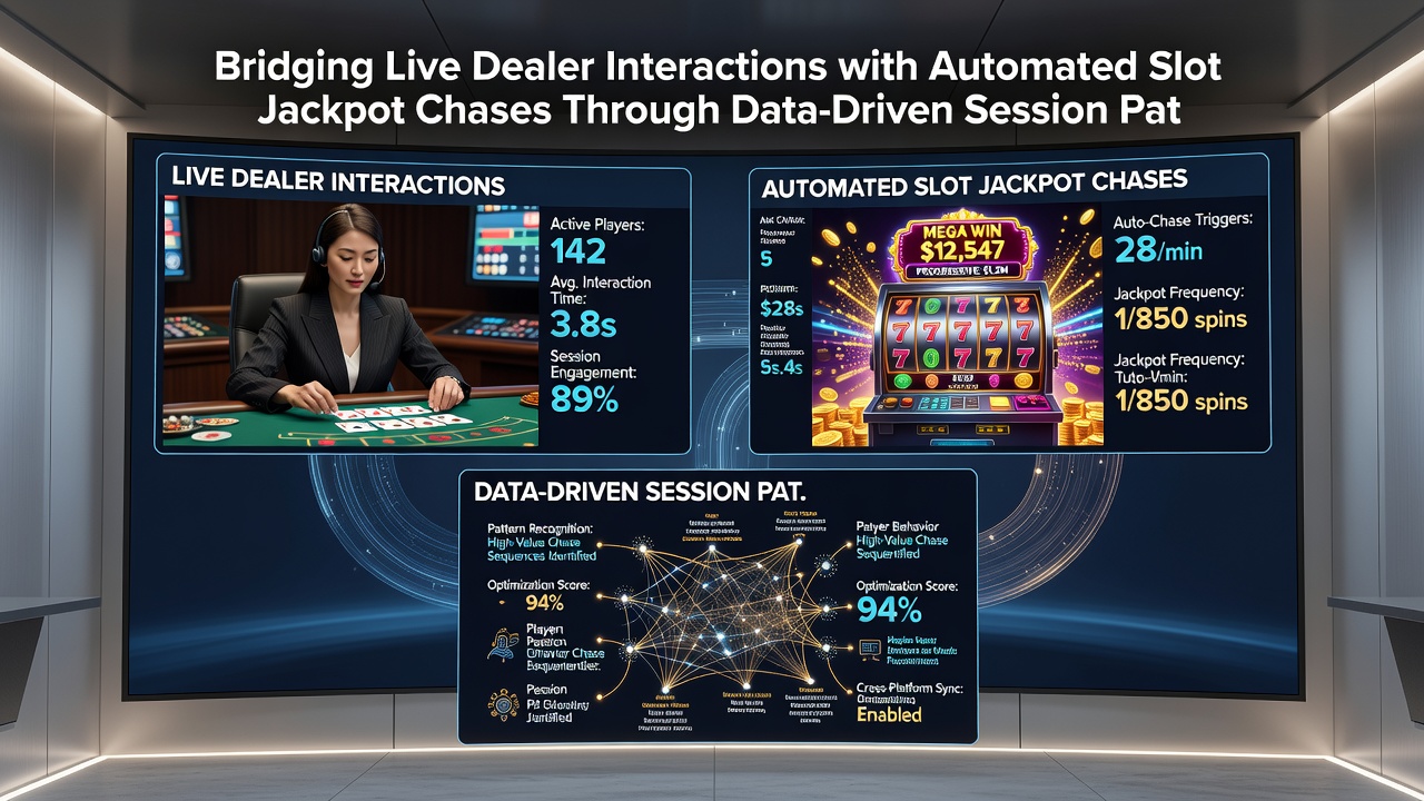 Live casino floor with data overlays illustrating transitions from dealer tables to slot jackpot machines