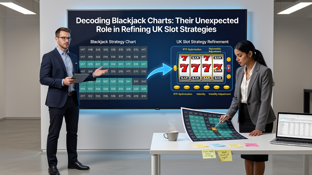 Close-up of a detailed blackjack basic strategy chart alongside slot volatility graphs and payout percentage tables