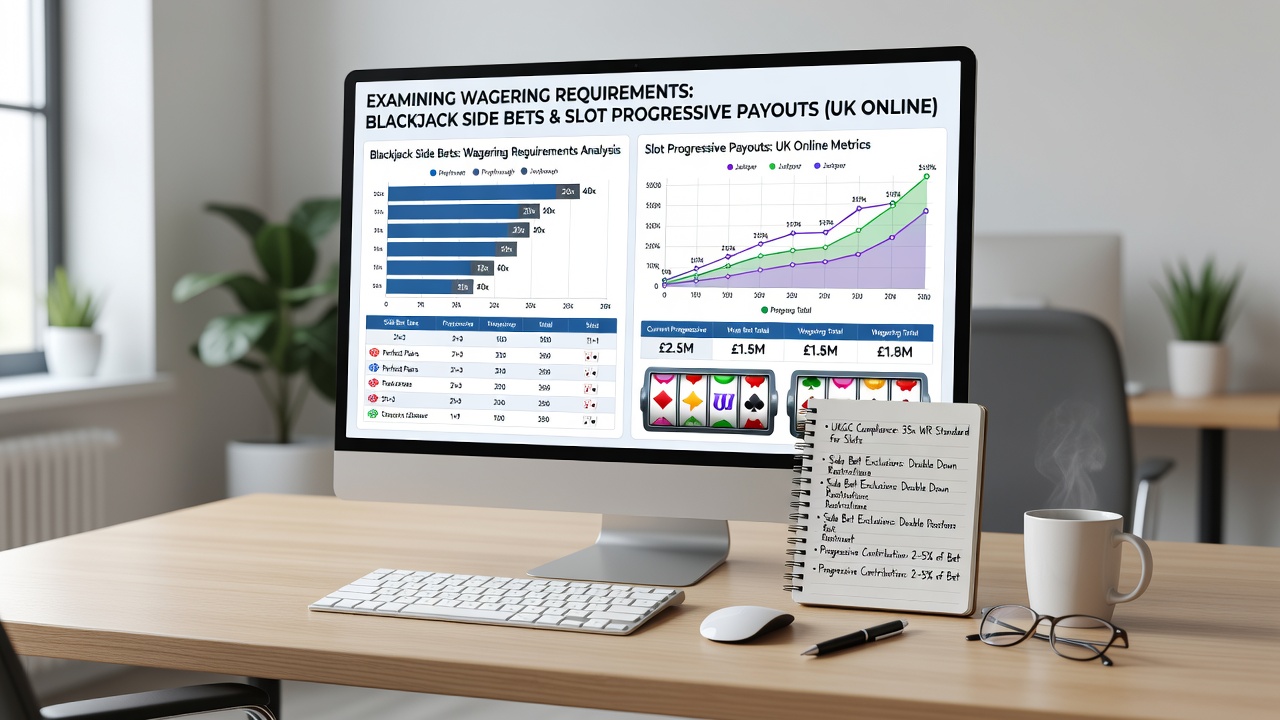 Progressive slot jackpot display alongside blackjack side bet payout table in a UK online gaming platform
