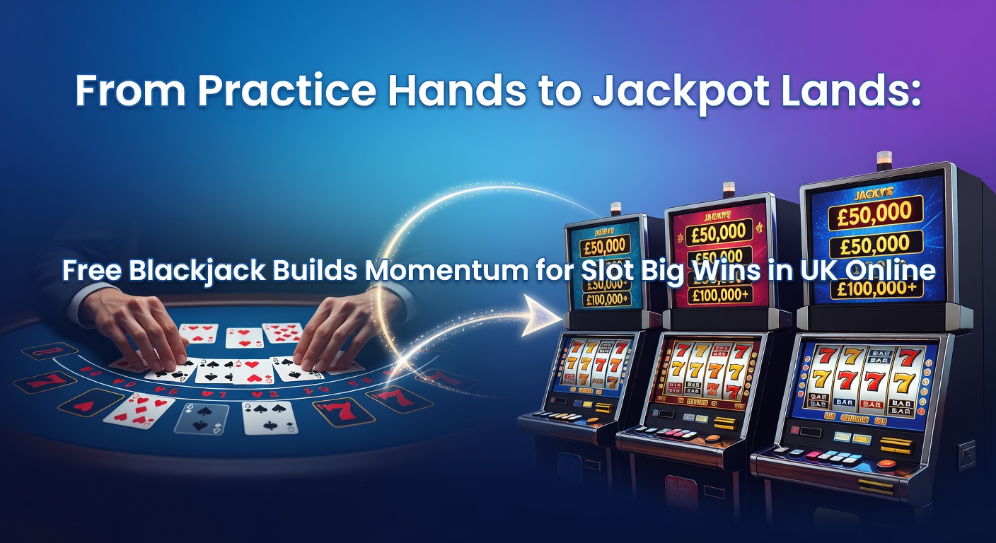 Slot machine jackpot exploding with coins, overlaid on a blackjack hand showing a winning 21 from free play
