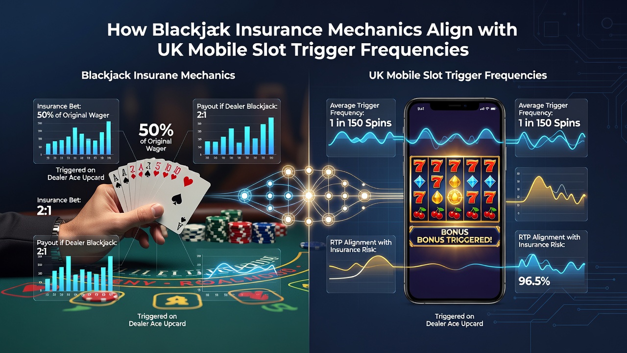 Split screen showing insurance bet confirmation on blackjack table and slot bonus meter filling on mobile device