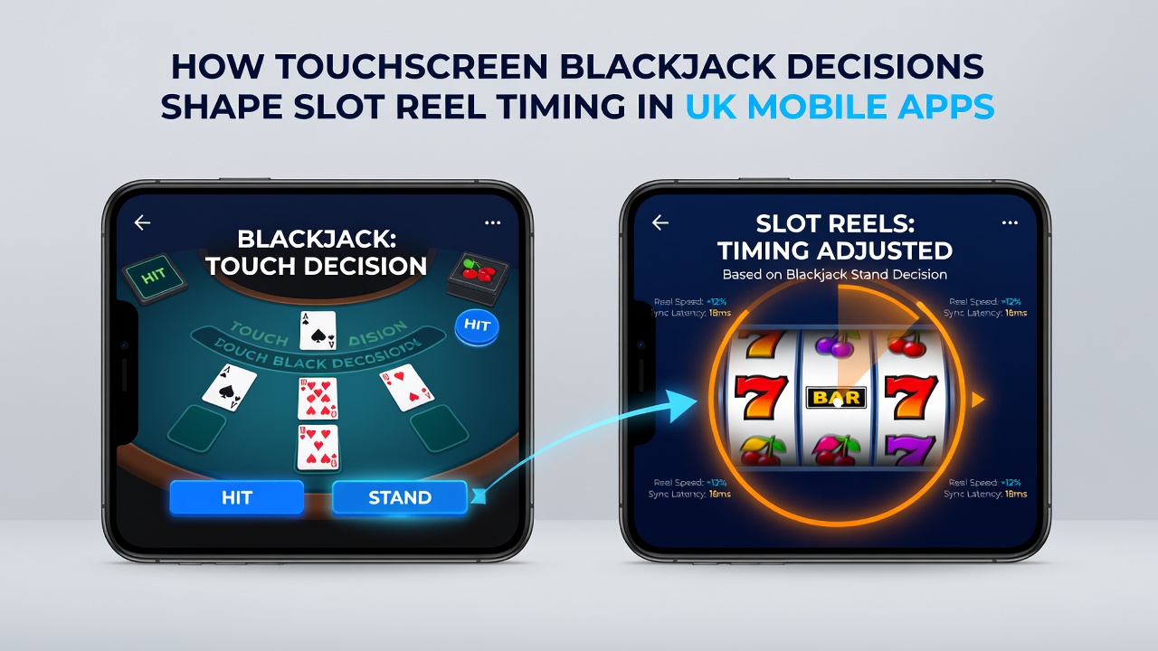 Mobile app screenshot illustrating timing synchronization between blackjack decision screen and slot reel animation sequences