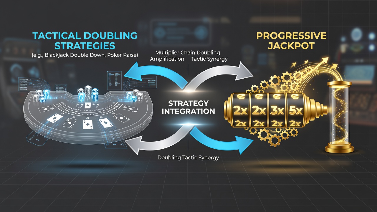 Split-screen view of blackjack hand result feeding into progressive slot multiplier display on a licensed British casino platform