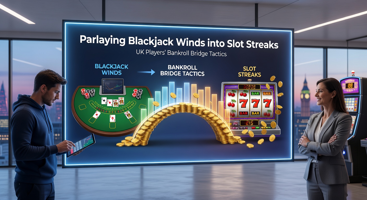 Close-up of a player's hands pushing blackjack chips toward a slot machine interface on a mobile screen, symbolizing the bankroll transfer tactic popular among UK online gamblers