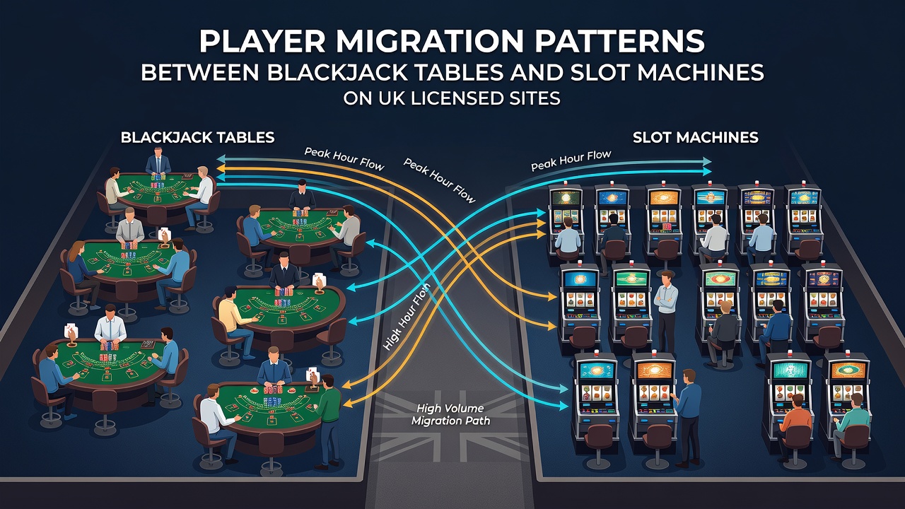 Infographic illustrating data patterns of player migration between blackjack and slots on licensed UK sites