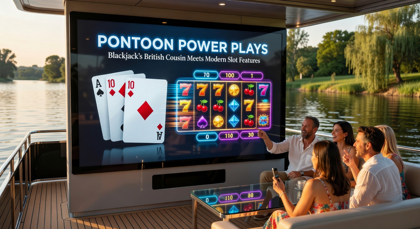 Dynamic split-screen of Pontoon cards flipping alongside a slot reel cascade with exploding symbols and rising multipliers