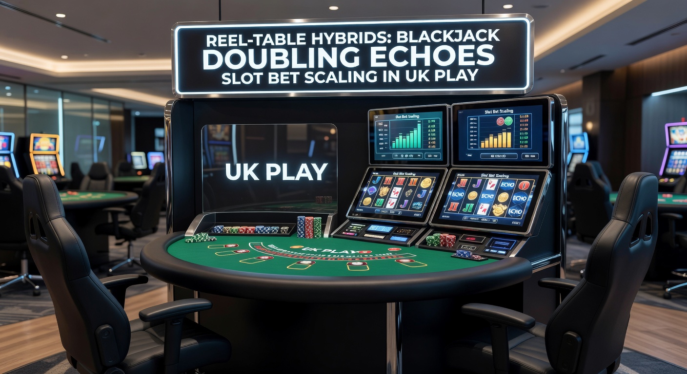Close-up of a reel-table hybrid interface on a mobile screen, displaying a blackjack hand with doubling option active and overlaid slot reels scaling bets in real-time