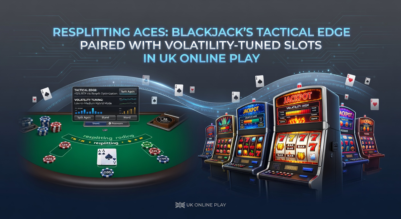 Online slot reels spinning with high-volatility symbols alongside a blackjack strategy chart, illustrating paired play in UK casino apps