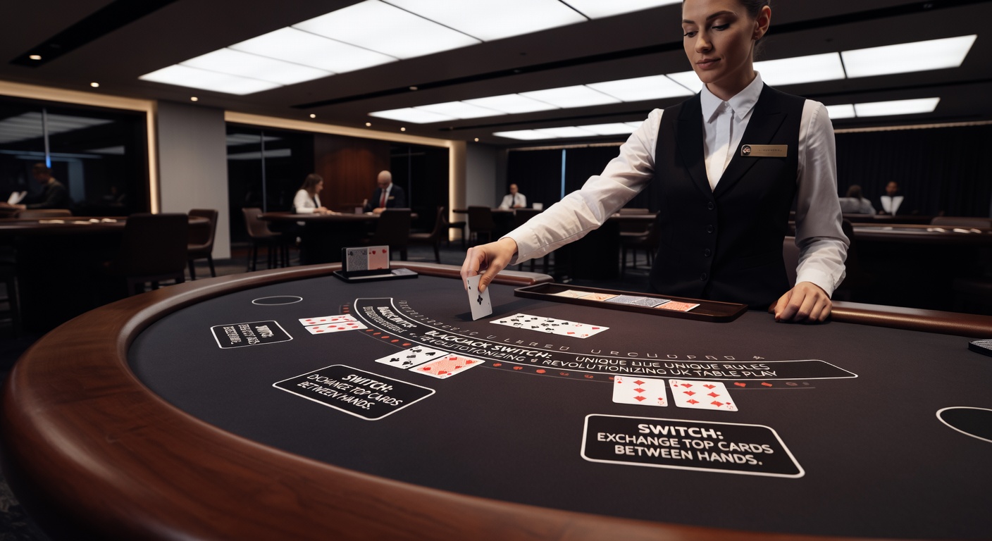 Close-up of a player's hands in Blackjack Switch, mid-switch with cards exchanged between two betting spots on a green felt table