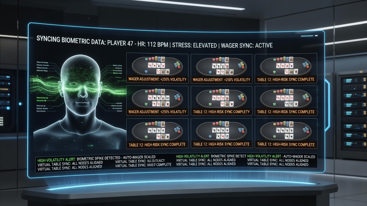 Data flow diagram showing biometric inputs adjusting bets on virtual blackjack and high-volatility slot sequences
