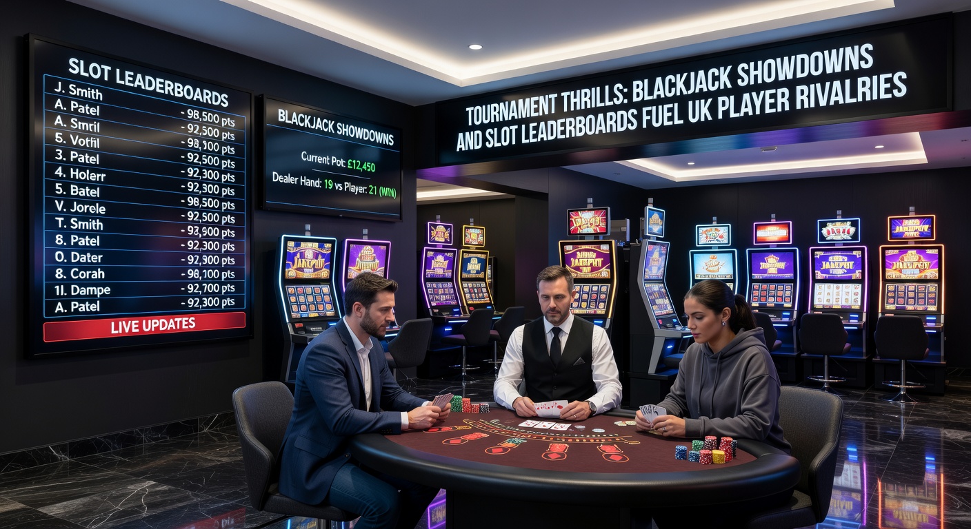 Dynamic slot leaderboard display with UK players' avatars climbing ranks, colorful reels spinning in the foreground amid jackpot notifications