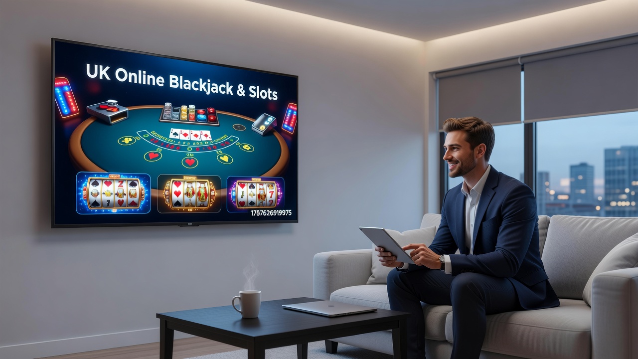Mobile interface displaying synchronized blackjack and slots gameplay on a UK casino app