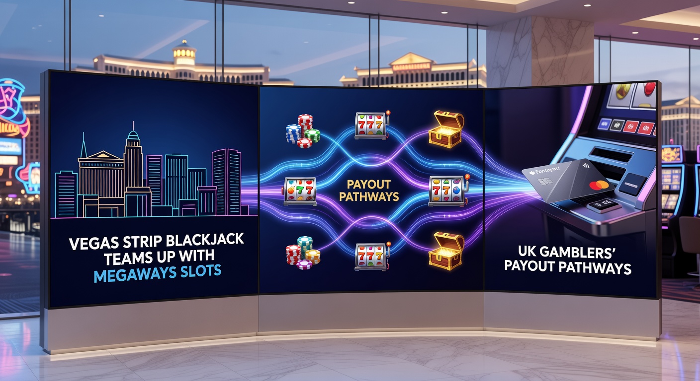 UK gambler at online interface showing Vegas Strip Blackjack hand next to spinning Megaways reels, highlighting payout synergy