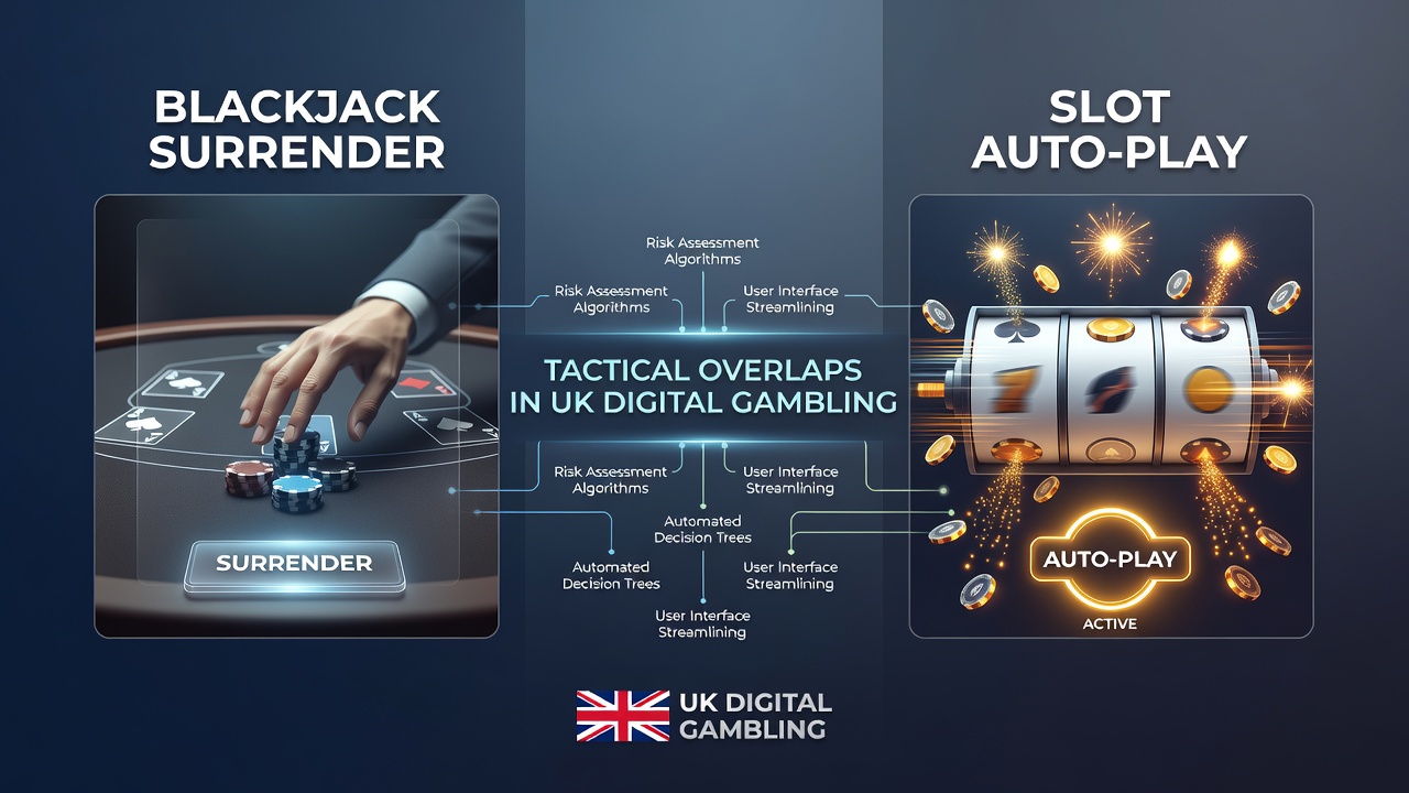Split-screen view of digital blackjack surrender prompt beside slot auto-play settings panel